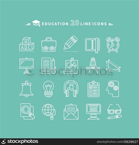 Set of white education thin, lines, outline icons. Items for study alphabet, pencil, headphones, bag, computer, glasses on green background. For web and mobile applications