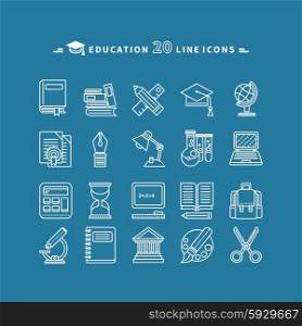 Set of white education thin, lines, outline icons. Items for study ruler, pencil, microscope, backpack, computer, palette, glasses on blue background. For web and mobile applications