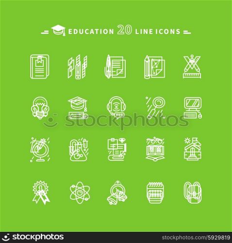 Set of white education thin, lines, outline icons. Items for study ruler, pencil, microscope, backpack, computer, flasks, glasses. For website and mobile applications