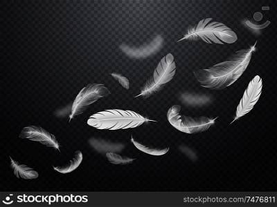 Set of white falling bird feathers on dark transparent background in realistic style vector illustration
