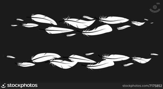 Set of white feathers in row. Vector boho element for invitations, banners and your design. Set of white feathers in row.