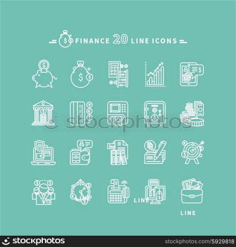Set of white finance thin, lines, outline icons. Items for investment, economy, account, balance, planning, management on green background. For web and mobile applications