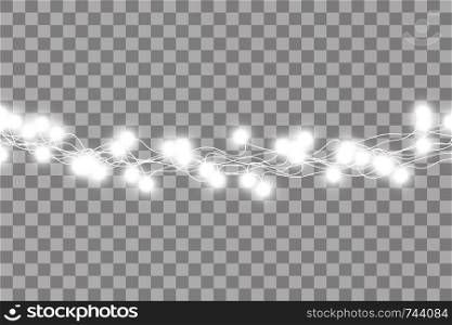 Set of white garlands, festive decorations. Glowing christmas lights isolated on transparent background. Vector seamless horizontal objects.. Set of white garlands, festive decorations. Glowing christmas lights isolated on transparent background. Vector seamless horizontal objects