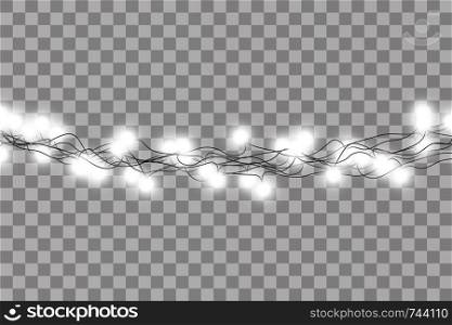 Set of white garlands, festive decorations. Glowing christmas lights isolated on transparent background. Vector seamless horizontal objects.. Set of white garlands, festive decorations. Glowing christmas lights isolated on transparent background. Vector seamless horizontal objects