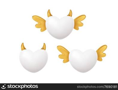 Set of white heart shape with golden wings and horns. Concept symbol for Happy Valentines Day. Vector illustration EPS10. Set of white heart shape with golden wings and horns. Concept symbol for Happy Valentines Day. Vector illustration