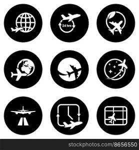 Set of white icons isolated against a black background, on a theme Aircraft