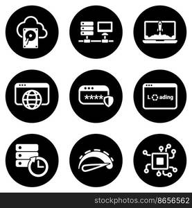 Set of white icons isolated against a black background, on a theme Computer and network