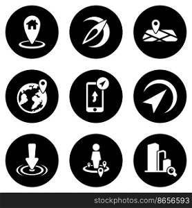 Set of white icons isolated against a black background, on a theme Location