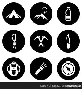 Set of white icons isolated against a black background, on a theme Mountaineering