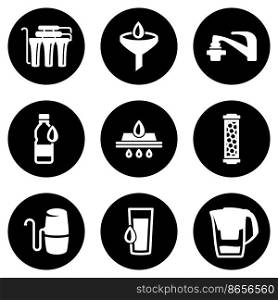 Set of white icons isolated against a black background, on a theme Water Purifier