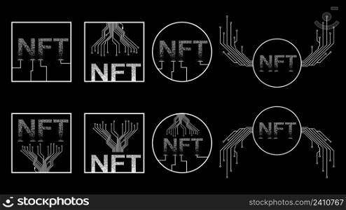 Set of white icons NTF non fungible token isolated on black background. Website design element. Vector illustration.. Set of white icons NTF non fungible token isolated on black background. Website design element.