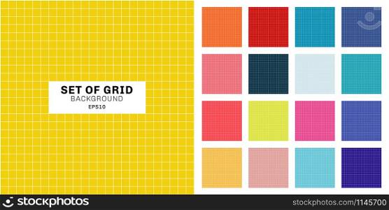 Set of white line grid striped geometric seamless pattern on multicolor background. Vector illustration
