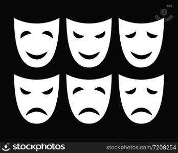 Set of white masks with different emotions, flat design.
