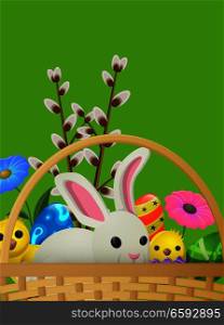 Set of white rabbit, yellow chicken, willow branch, spring flowers and colored eggs. Easter symbols laying in wicker basket. Vector illustration isolated on green graphic icon flat art design.. Set of White Rabbit, Yellow Chicken, Willow Branch