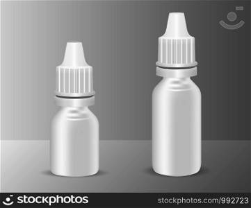 Set of white realistic plastic medical bottles with dropper. Pharmacy flask or vials for anti-aging essential, eye or nasal drops. Mock up vector flacons illustration isolated on gray.. Plastic medical bottle dropper. Pharmacy flask