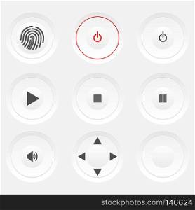 Set of white round knobs with symbols; fingerprint, standby (red / black for on / off), play, stop, pause, sound level, 4-direction signs, and blank knob (for add your own sign). Vector illustration.