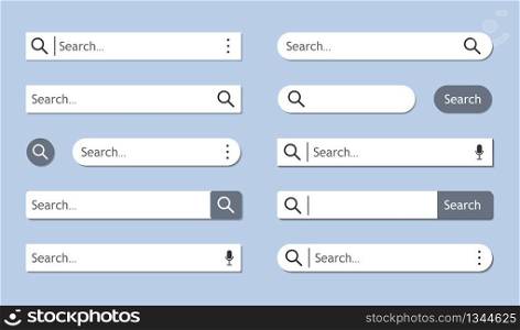 Set of white search bar isolated on blue background with shadows. Searching internet browse. Menu for sites, apps, interfaces with button. Empty search frame for web adress. Modern elements UI. Vector. Set of white search bar isolated on blue background with shadows. Searching internet browse. Menu for site, app, interface with button. Empty search frame for web adress. Modern elements UI. Vector.