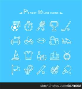 Set of white sport thin, lines, outline icons in flat design on blue background. Hockey, bat, stick, racket, tennis, baseball, tennis ball, ping pong silhouettes. For website and mobile applications