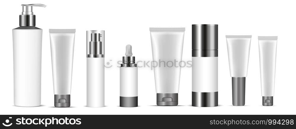 Set of white vector cosmetic bottle blank templates, plastic containers bottles with spray, dispenser and dropper, cream tube. Realistic 3d mock-up of cosmetics package.. Set of white vector cosmetic bottle blank template
