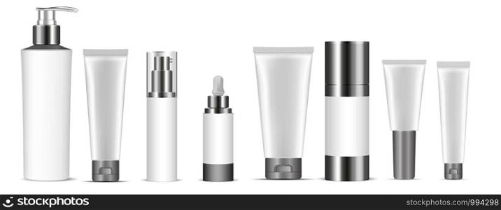Set of white vector cosmetic bottle blank templates, plastic containers bottles with spray, dispenser and dropper, cream tube. Realistic 3d mock-up of cosmetics package.. Set of white vector cosmetic bottle blank template