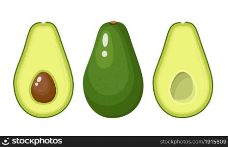 set of whole and sliced avocado fruit isolated on a white background. avocado food icon. Vector illustration in flat style. set of whole and sliced avocado fruit