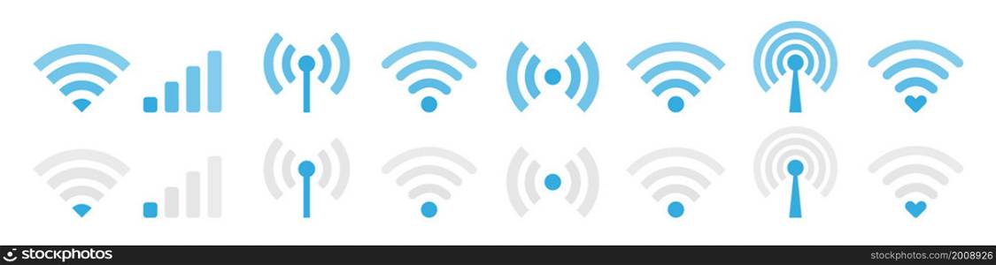 Set of Wi-Fi wireless signal icon. WiFi Zone Sign. Remote access and communication symbols. Wifi button. Vector illustration.. Set of Wi-Fi wireless signal icon. WiFi Zone Sign. Remote access and communication symbols.