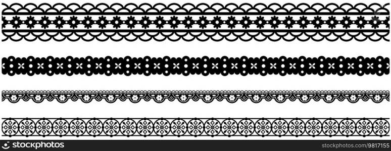 Set of wide lace ribbons with print. Black design elements isolated on white background. Seamless pattern for creating style of card with ornaments. Lace decoration template, ribbons for design. Seamless pattern for creating cards style. Lace decoration template, ribbon with ornament for design