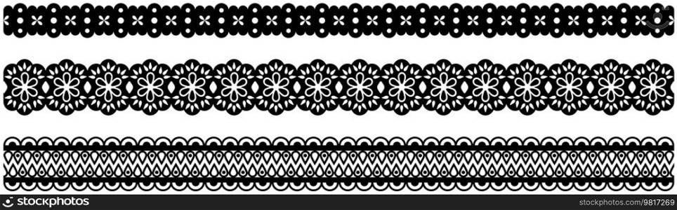 Set of wide lace ribbons with print. Black design elements isolated on white background. Seamless pattern for creating style of card with ornaments. Lace decoration template, ribbons for design. Seamless pattern for creating cards style. Lace decoration template, ribbon with ornament for design