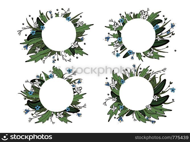 Set of wild flowers and leaves wreaths. Doodle style round compositions isolated on white background. Vector ilustration.