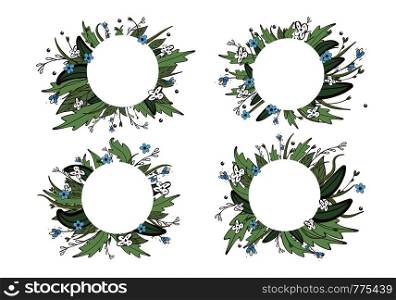 Set of wild flowers and leaves wreaths. Doodle style round compositions isolated on white background. Vector ilustration.