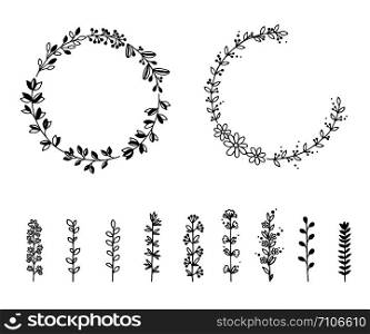 Set of wild flowers and wreaths isolated on white background. Floral elements. Vector Design