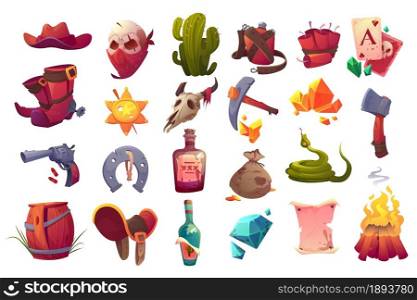 Set of wild west icons cowboy hat and boots, sheriff star, gun, dynamite and axe, skull in mask, snake, tequila and diamond, cactus, horseshoe, saddle and sack with gold, Cartoon vector illustration. Set of wild west icons, isolated cartoon objects