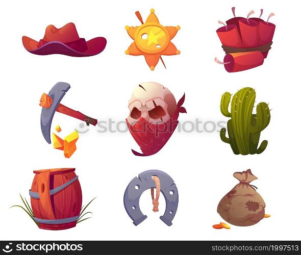 Set of wild west icons cowboy hat, sheriff star label, dynamite and pickaxe, skull in mask, cactus and broken wooden barrel, horseshoe on rope and sack with gold coins, Cartoon vector illustration. Set of wild west icons cowboy hat, sheriff star