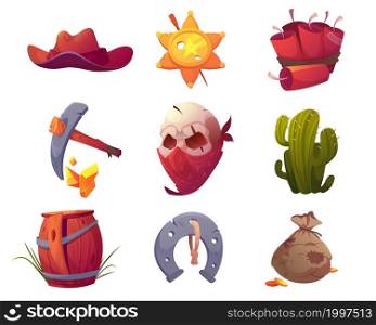 Set of wild west icons cowboy hat, sheriff star label, dynamite and pickaxe, skull in mask, cactus and broken wooden barrel, horseshoe on rope and sack with gold coins, Cartoon vector illustration. Set of wild west icons cowboy hat, sheriff star