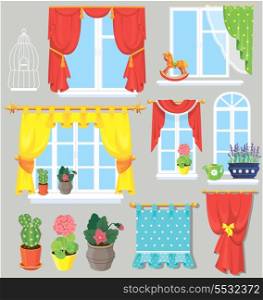 Set of windows, curtains and flowers in pots. Elements for interior design.
