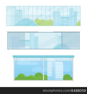 Set of windows vector illustrations in flat style. Different types and forms of house windows. City view from panoramic window in office or apartment. Isolated on white background.. Set of Windows Vector Illustrations In Flat Style.. Set of Windows Vector Illustrations In Flat Style.