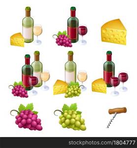 Set of wine bottles, glasses, cheese and grapes with corkscrew isolated on white background. Glass flasks with blank label, red or white alcohol drink design elements, 3d vector illustration, clipart. Set of wine bottles, glasses, cheese and grapes