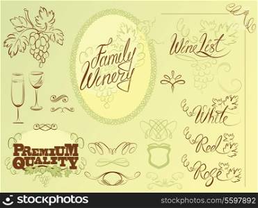 Set of wine design elements for bar or restaurant - signs, icons, vignettes collection, calligraphy words - FAMILY WINERY, WINE LIST, red, white, rose.