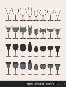 set of wine glasses and glasses. Empty and filled outline. Isolated on a gray background.
