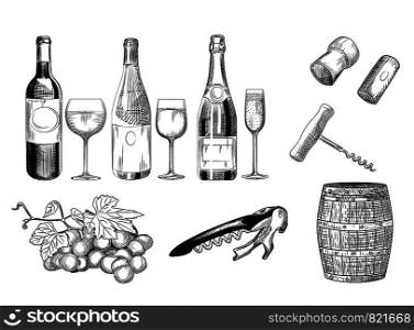 Set of wine. Hand drawn of wine glass, bottle, barrel, wine cork, corkscrew and grapes. Engraving style. Isolated objects on a white background. Set of wine. Hand drawn of wine glass, bottle, barrel, wine cork, corkscrew and grapes.