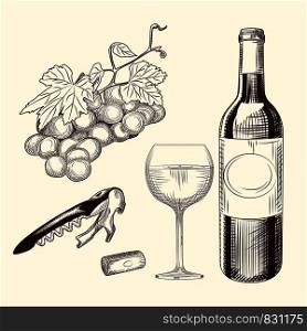 Set of wine. Hand drawn of wine glass, bottle, wine cork, corkscrew and grapes. Engraving style. Isolated objects. Vector illustration. Set of wine. Hand drawn of wine glass, bottle, wine cork, corkscrew and grapes.