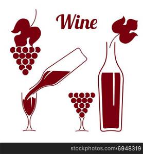 Set of wine symbols.Wine pouring from a bottle. Set of wine symbols.Wine pouring from a bottle in glass.Vine shoot and grape leaf. Concept idea for business. Vector illustration.