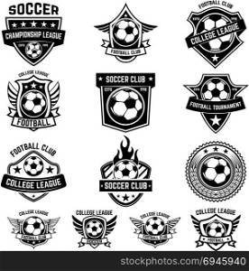 Set of winged emblems with soccer ball. Design element for logo, label, emblem, sign. Vector illustration