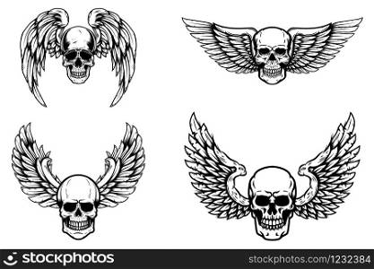 Set of winged human skull isolated on white. Design element for logo, label, emblem, sign. Vector illustration