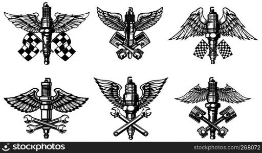 Set of winged motorcycle and car spark plugs. Design element for logo, label, emblem, sign. Vector illustration