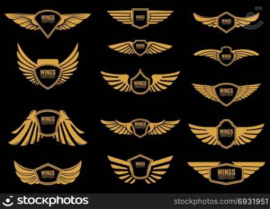 Set of wings icons in golden style. Design elements for logo, label, emblem, sign. Vector illustration