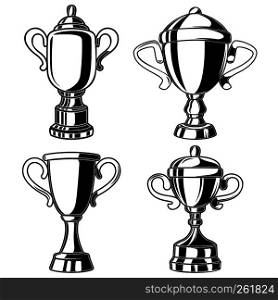Set of winner cups in engraving style. Design element for logo, label, sign, banner, poster, flyer. Vector illustration