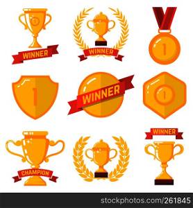 Set of winner emblems in flat style. Design element for logo, label, sign, poster, t shirt. Vector illustration