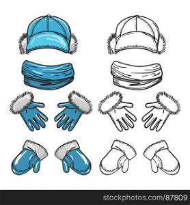 Set of winter accessories. Hand drawn set of winter accessories isolated on white, vector illustration