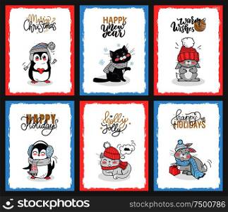 Set of winter animals with calligraphy lettering greetings. Vector cards with penguin, cat and bunny wishes Merry Christmas, Happy New Year and Warm Wishes.. Set of Animals with Calligraphy Lettering Greetings